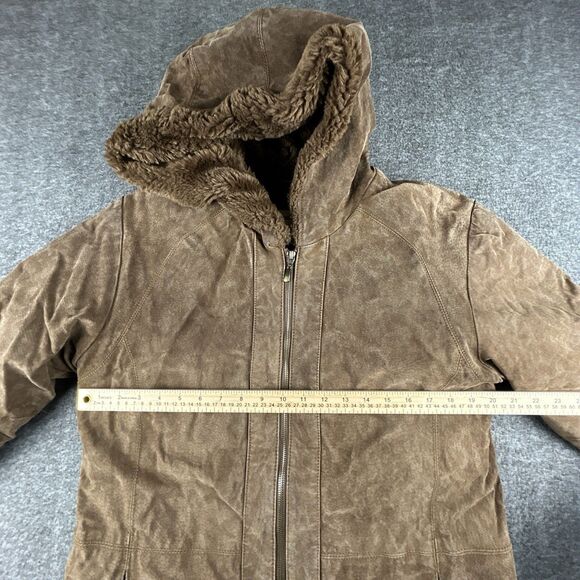 St Johns Bay Washable Suede Coat Womens Sz S 100% Leather Faux Fur Lined Hooded - Picture 9 of 10